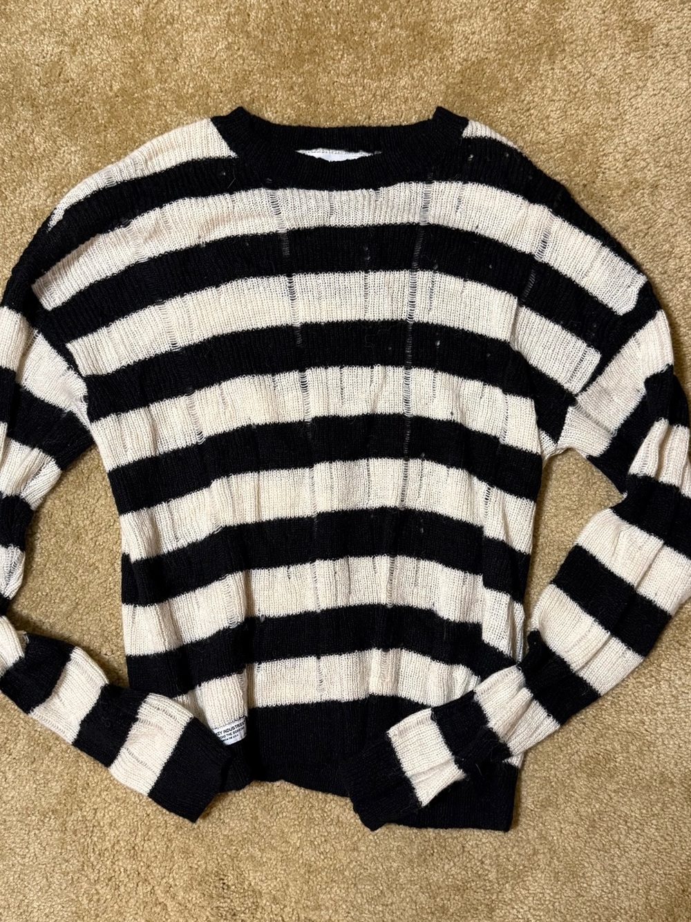 Black & Cream Striped Crewneck Sweater - Women's